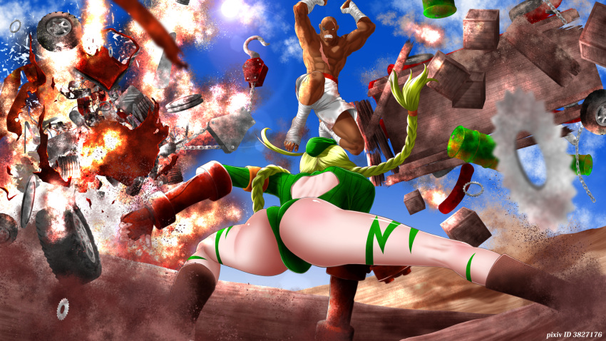 1boy, 1girl, abs, ahoge, ankle_wraps, ass, bald, bandages, bared_teeth, battle, blonde_hair, braid, cammy_white, car, dark_skin, explosion, eyepatch, fighting_stance, fingerless_gloves, garrison_cap, gloves, hat, highres, huge_ahoge, leotard, long_hair, mokeke!!, motor_vehicle, muscle, no_pupils, sagat, scar, shirtless, street_fighter, street_fighter_zero, street_fighter_zero_iii, thong_leotard, twin_braids, vehicle