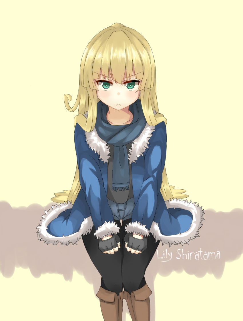 1girl, black_legwear, blonde_hair, blush, casual, character_name, enki_(dragonfire), fingerless_gloves