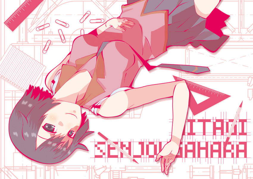 1girl, black_eyes, black_hair, lying, monogatari_(series), necktie, paper_clip, ruler
