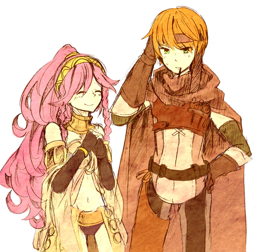 1boy, 1girl, braid, closed_eyes, fire_emblem, fire_emblem:_kakusei, gaia_(fire_emblem), gloves, green_eyes, hand_on_hip, headband, highres, long_hair, midriff, navel, olivia_(fire_emblem), orange_hair, pink_hair, pitoichi, pocky, ponytail, short_hair, sketch, smile, twin_braids, very_long_hair
