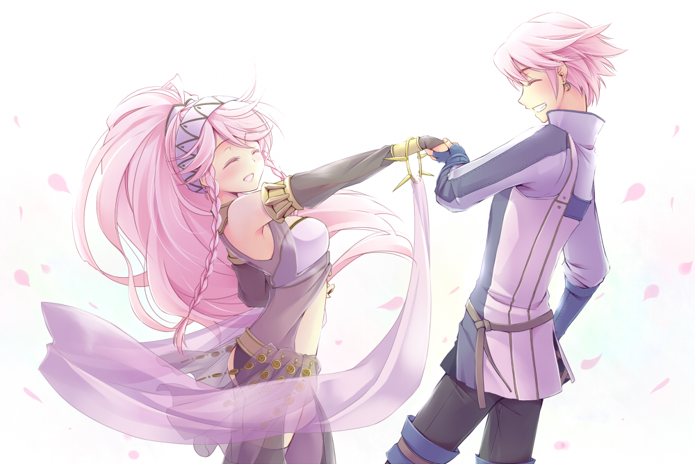 1boy, 1girl, azur_(fire_emblem), braid, closed_eyes, fire_emblem, fire_emblem:_kakusei, gloves, hairband, holding_hands, long_hair, olivia_(fire_emblem), open_mouth, pink_hair, ponytail, short_hair, takana_(srplus), twin_braids, very_long_hair