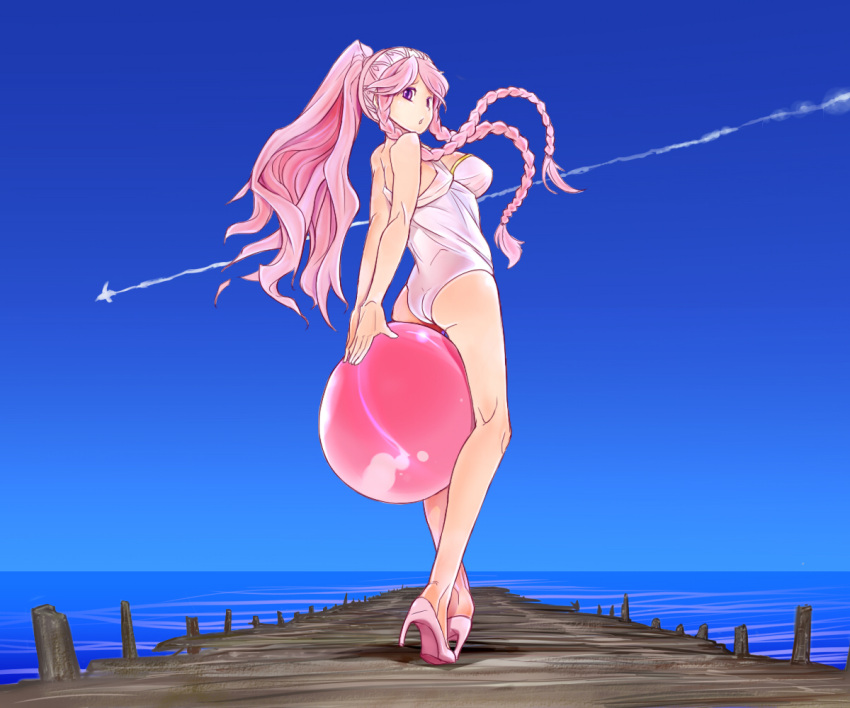 1girl, ball, beachball, braid, fire_emblem, fire_emblem:_kakusei, hairband, high_heels, jiejio, long_hair, looking_back, olivia_(fire_emblem), one-piece_swimsuit, outdoors, pink_hair, ponytail, shoes, sky, solo, standing, swimsuit, twin_braids, very_long_hair, violet_eyes, water