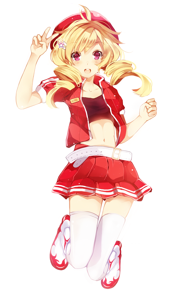 1girl, belt, beret, blonde_hair, boots, drill_hair, flame_print, hair_ornament