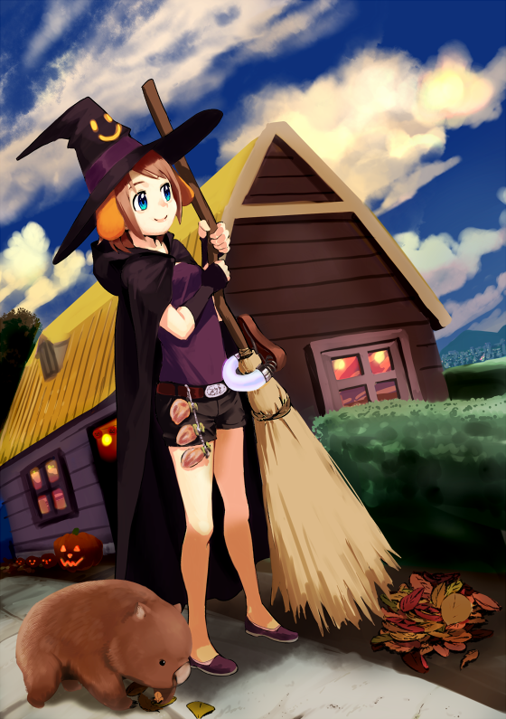 1girl, animal, animal_ears, aqua_eyes, broom, brown_hair, cloak, clouds