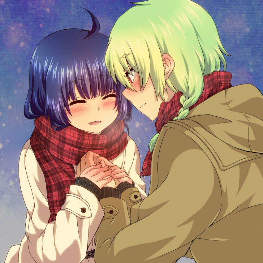 1boy, 1girl, ^_^, ahoge, blue_hair, blush, braid, closed_eyes