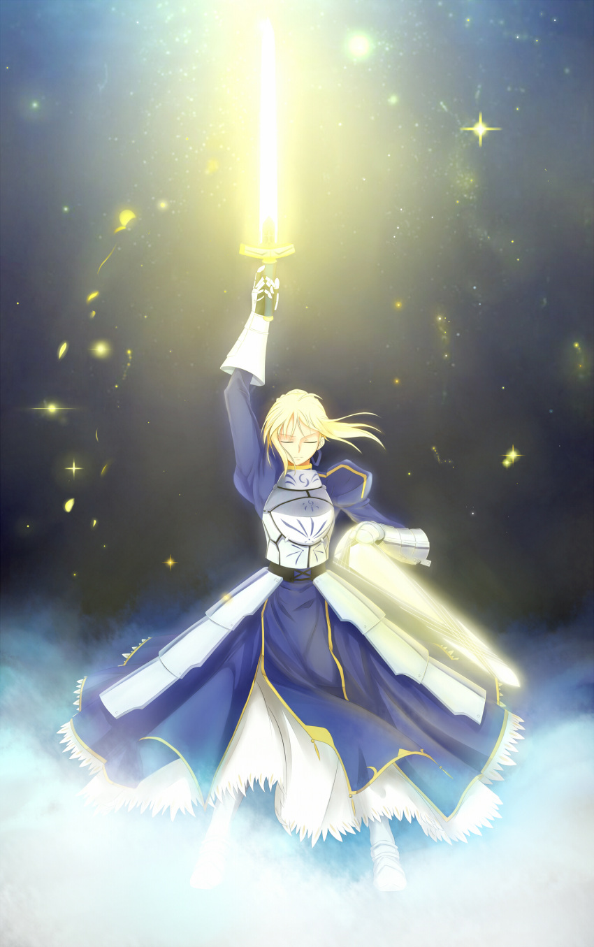 1girl, ahoge, armor, armored_dress, avalon_(fate/stay_night), blonde_hair, dress, excalibur