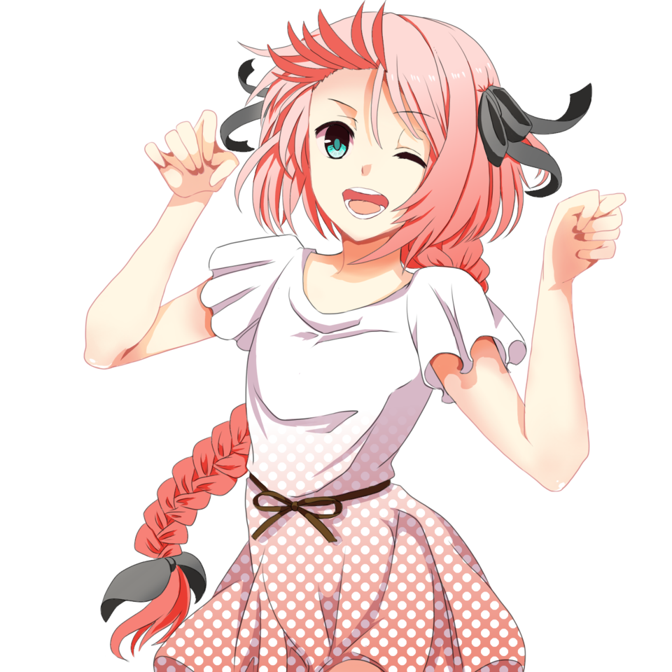 1boy, aqua_eyes, bow, braid, crossdressinging, dress, fate/apocrypha, fate_(series), hair_bow, hair_ribbon, long_hair, pink_hair, ribbon, rider_of_black, single_braid, solo, trap, wink, woodrice