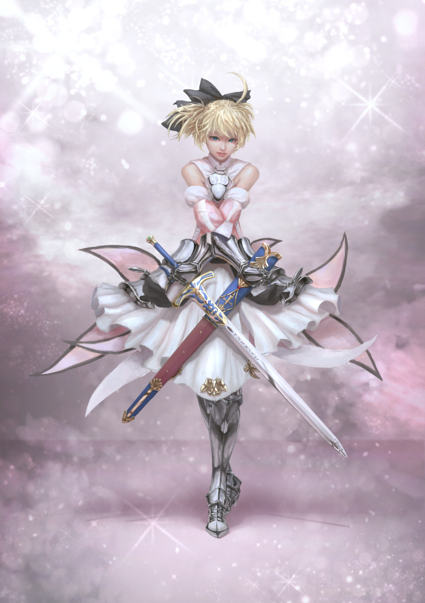 1girl, ahoge, armor, armored_dress, bare_shoulders, blonde_hair, bow, calibur, detached_sleeves, dress, fate/unlimited_codes, fate_(series), gauntlets, green_eyes, hair_bow, highres, ioio_ontop, long_hair, ponytail, realistic, saber, saber_lily, sheath, solo, sword, weapon
