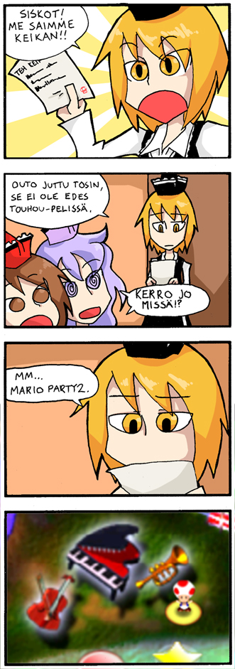 4koma, al_bhed_eyes, comic, finnish, instrument, lunasa_prismriver, lyrica_prismriver, mario_party, mario_party_2, merlin_prismriver, piano, setz, super_mario_bros., toad, touhou, translated, trumpet, violin