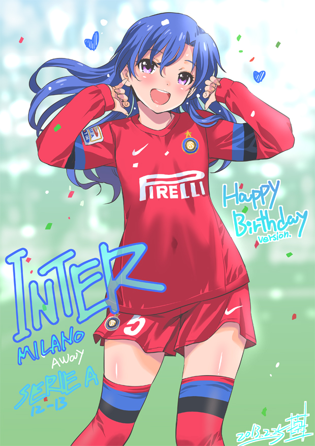 1girl, :d, birthday, blue_hair, blush, clothed_navel, confetti, dated, fc_internazionale_milano, flat_chest, hair_flip, happy_birthday, heart, idolmaster, inoue_sora, kisaragi_chihaya, long_hair, long_sleeves, nike, open_mouth, red_legwear, revision, shorts, signature, smile, soccer, soccer_uniform, solo, sweat, thigh-highs, violet_eyes