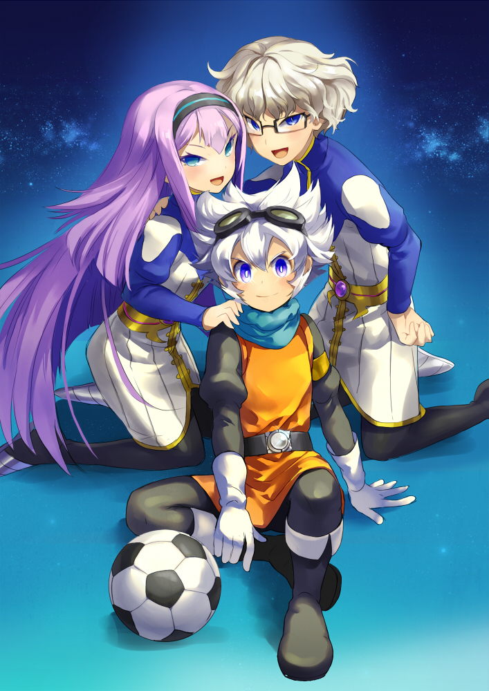 1girl, 2boys, ball, blonde_hair, blue_eyes, bun-o, curly_hair, gillis