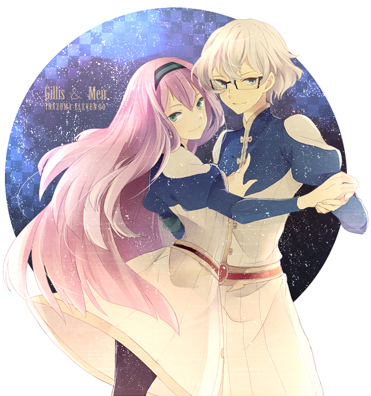 1boy, 1girl, blonde_hair, blue_eyes, couple, curly_hair, gillis, glasses
