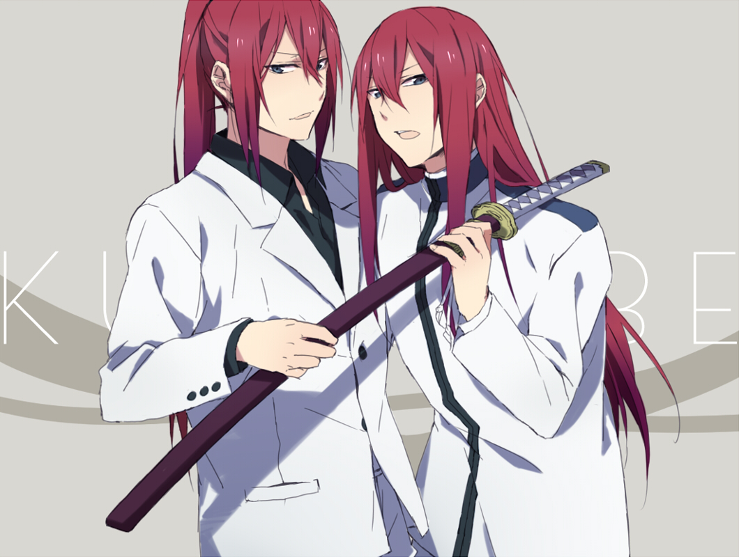 blue_eyes, dual_persona, formal, katana, kusaribe_samon, leghorn, long_hair, open_mouth