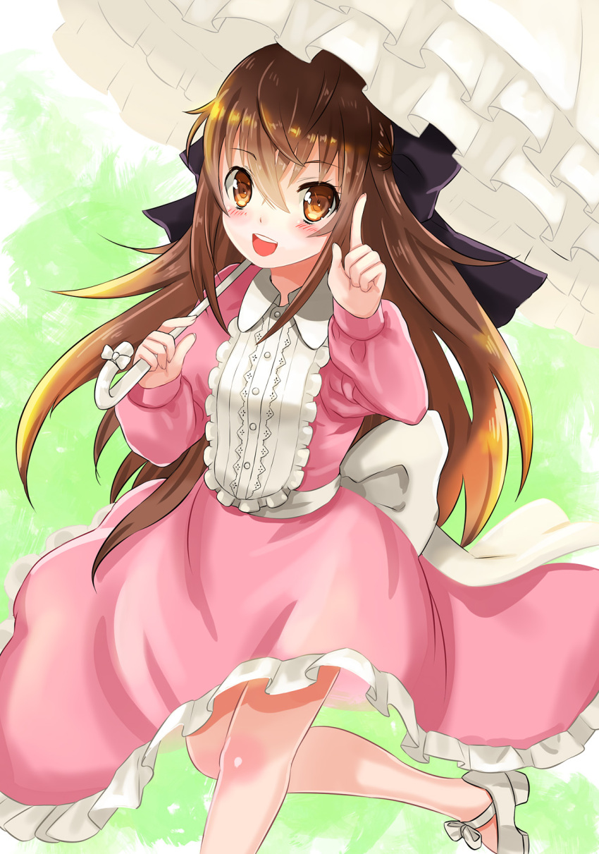 1girl, blush, brown_eyes, brown_hair, dress, hair_ribbon, highres, kanipanda, long_hair, long_sleeves, open_mouth, parasol, ribbon, shoes, solo, teeth, the_unlimited:_hyoubu_kyousuke, tsubomi_fujiko, umbrella, young, zettai_karen_children