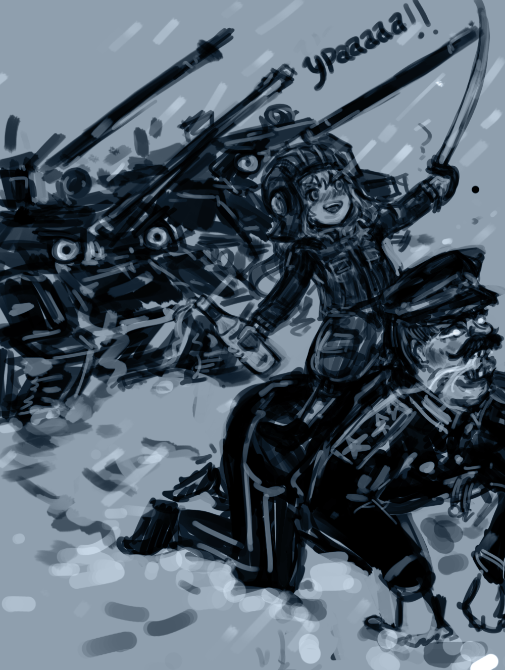 1boy, 1girl, :d, all_fours, blush, bottle, cavalry_sword, drunk, girls_und_panzer, glowing, glowing_eyes, highres, joseph_stalin, katyusha, merpperoni, military, military_vehicle, open_mouth, russian, smile, sword, t-90, tank, vehicle, vodka, weapon