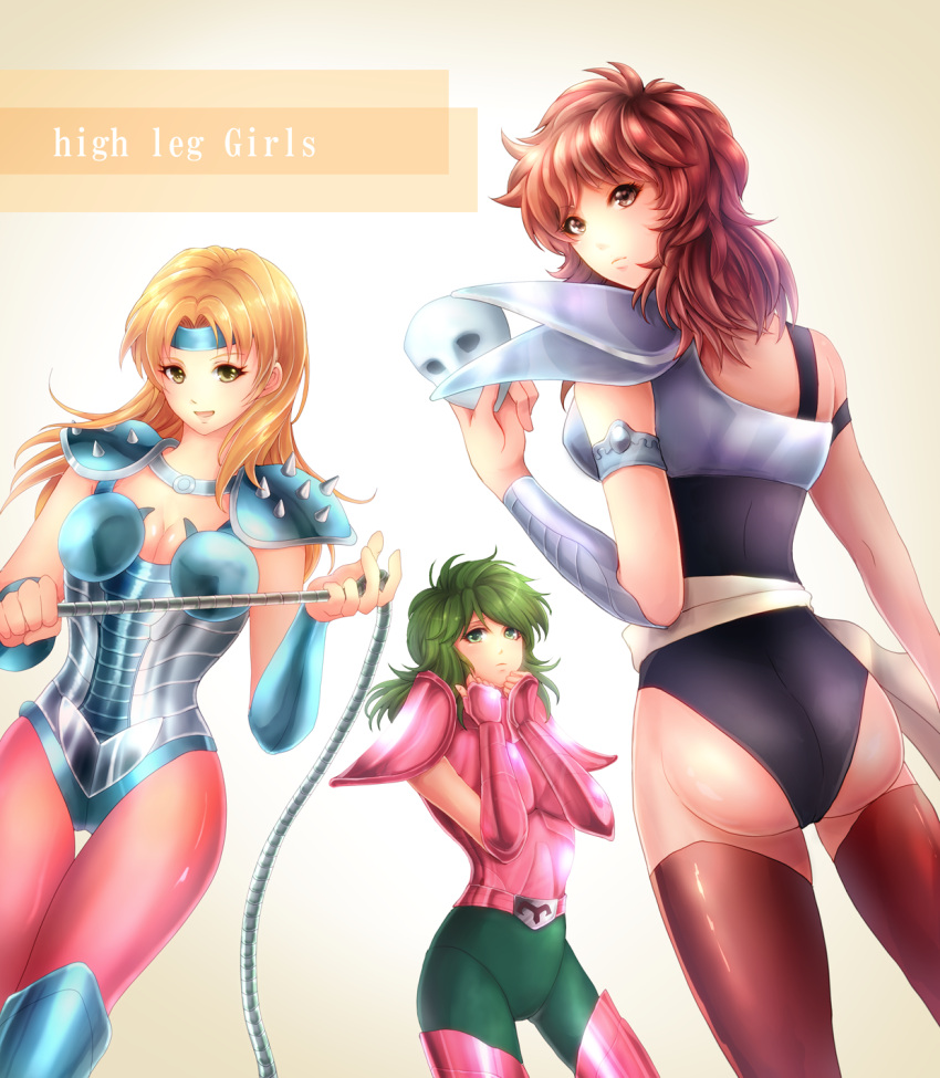 1boy, 2girls, androgynous, andromeda_shun, aquila_marin, armor, ass, back