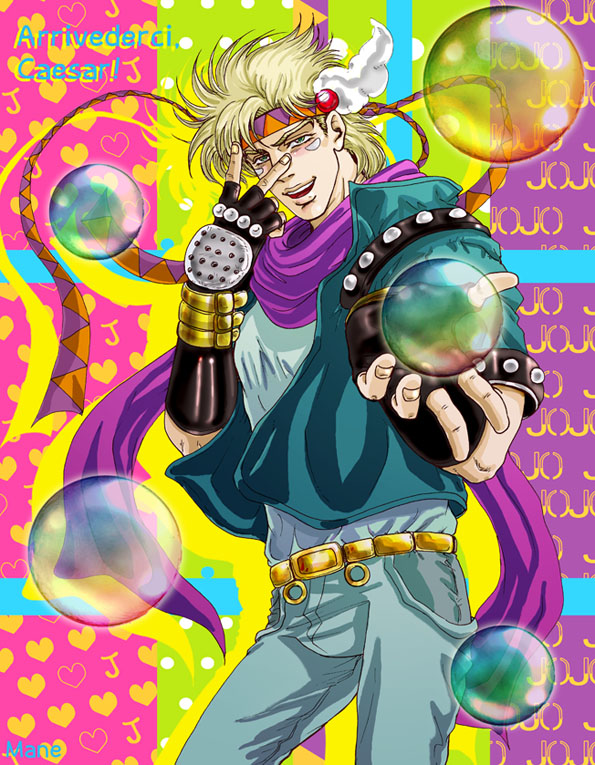 1boy, artist_name, belt, blonde_hair, bubble, caesar_anthonio_zeppeli, facial_mark, feathers, fingerless_gloves, gloves, green_eyes, green_jacket, headband, jacket, jojo_no_kimyou_na_bouken, mane_(kanpekikiss), open_mouth, pants, scarf, shirt, short_hair, smile, solo