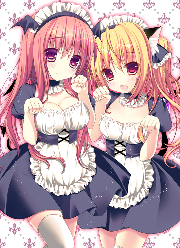 2girls, :d, alternate_costume, animal_ears, apron, bat_wings, blonde_hair, blush
