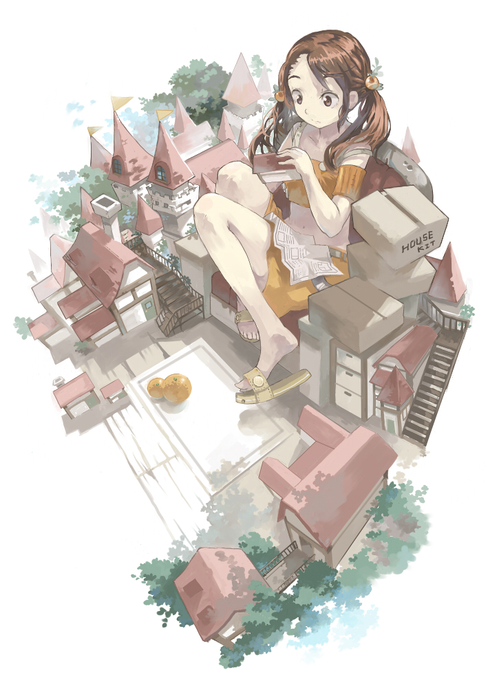1girl, arancia, brown_hair, food, fruit, imoman, instructions, long_hair