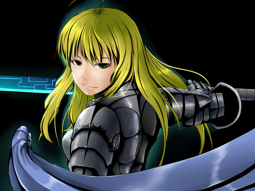 1girl, ahoge, alternate_eye_color, armor, black_background, blonde_hair, cloth, female_knight