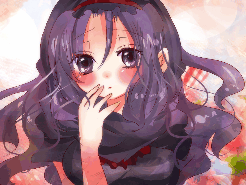 1girl, alternate_costume, blue_eyes, blue_hair, blush, breasts, hand_over_own_mouth, hood, kiko19970619, kumoi_ichirin, long_hair, solo, touhou