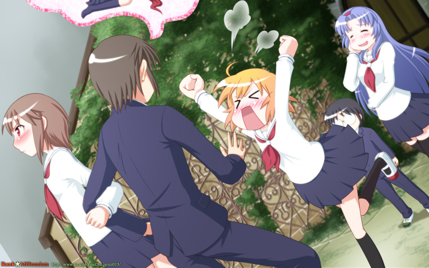 >_<, 2boys, 3girls, ahoge, black_hair, blonde_hair, blue_hair, blush