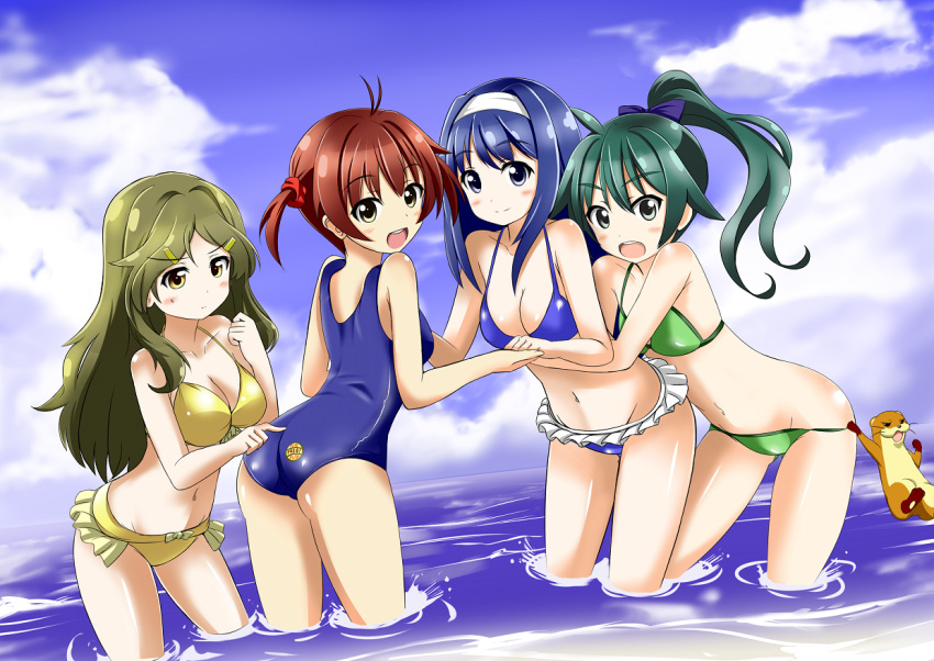 4girls, bikini, blue_eyes, blue_hair, blush, breasts, brown_eyes, brown_hair