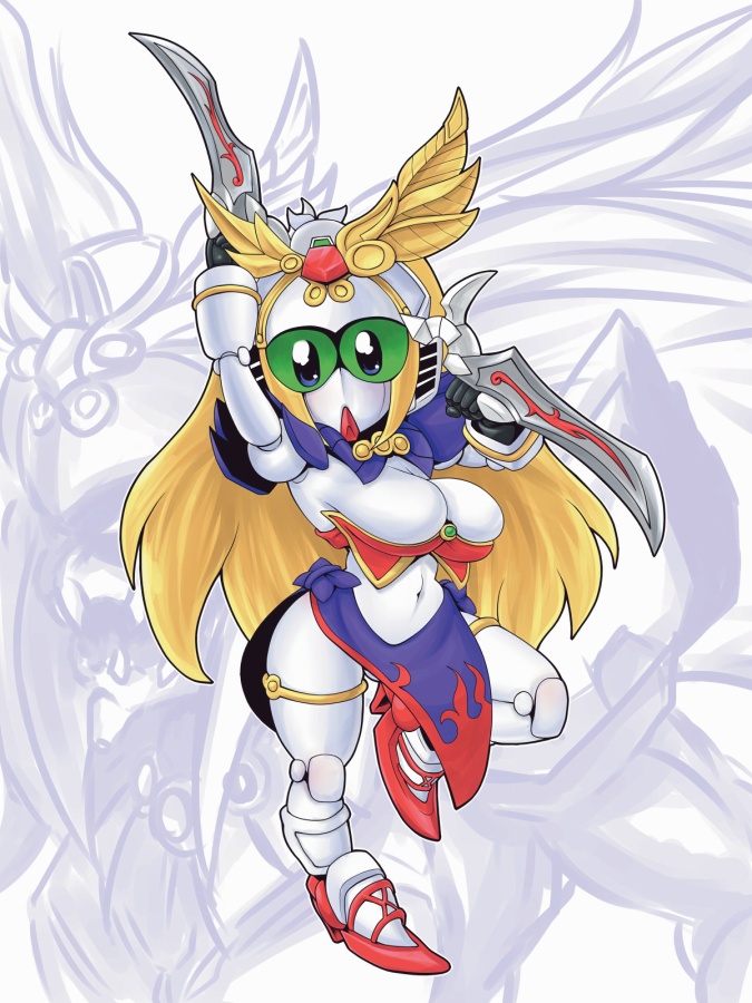 1girl, blade, blonde_hair, blush, breasts, bursting_breasts, dual_persona, dual_wielding