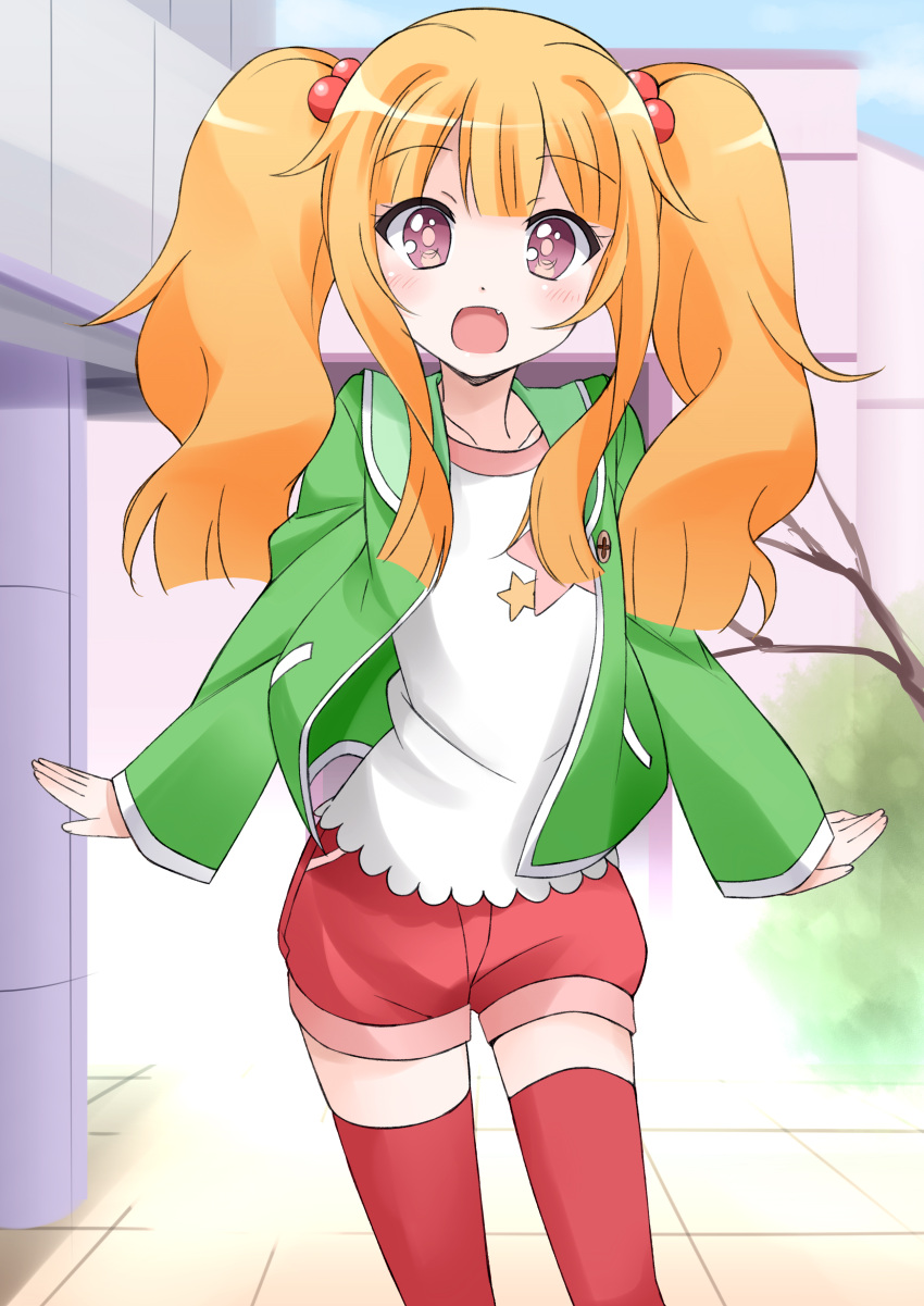 1girl, amatsuka_mao, blush, bow, fang, flat_chest, gj-bu, highres, moso_(mousou_temporary), open_mouth, orange_hair, red_legwear, shorts, solo, thigh-highs, twintails, violet_eyes, zettai_ryouiki