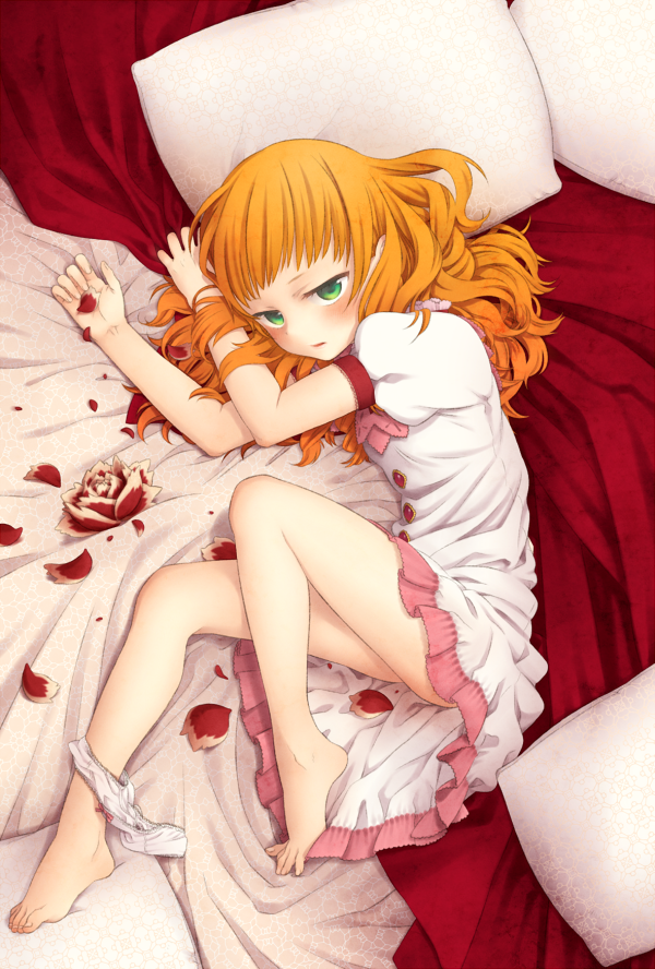 bed, blush, dress, ecarlate_juptris_st._piria, feet, flower, green_eyes, hair_down
