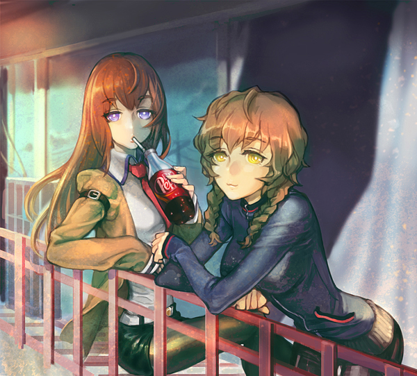 2girls, amane_suzuha, belt, braid, breasts, brown_hair, dr_pepper, drinking