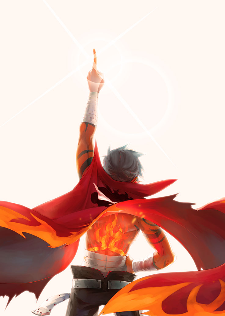 1boy, cape, from_behind, kamina, lens_flare, male, pointing, sarashi