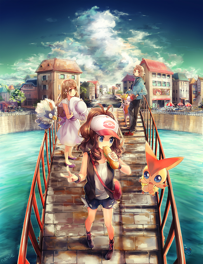 2girls, blue_eyes, bridge, brown_eyes, brown_hair, clouds, deerling, dress, hat, hat_removed, headwear_removed, lady_(pokemon), long_hair, marill, multiple_girls, namie-kun, pokemon, pokemon_(creature), pokemon_(game), pokemon_bw2, rufflet, short_hair, sky, touko_(pokemon), touya_(pokemon), victini, water