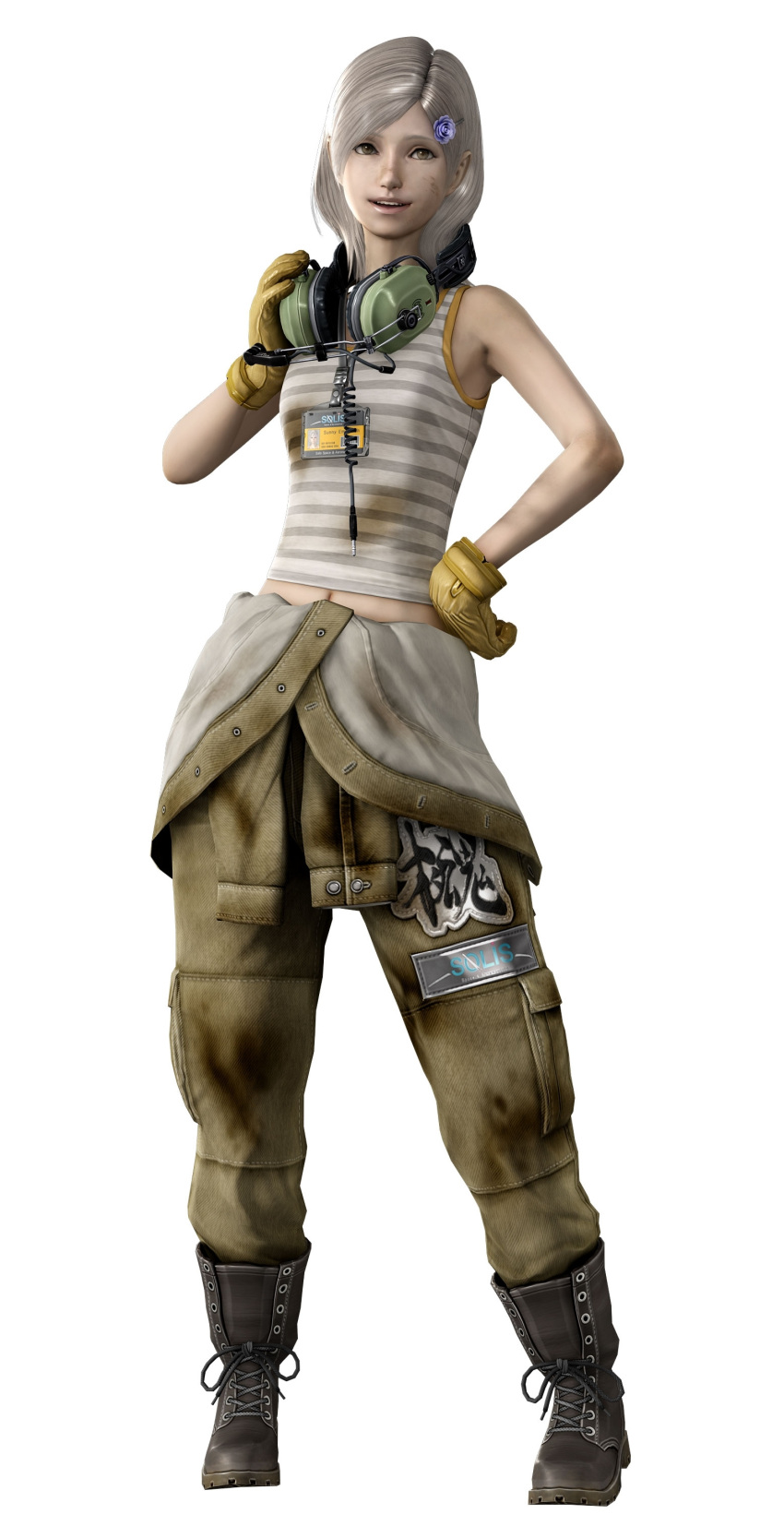 1girl, 3d, boots, brown_eyes, clothes_around_waist, cross-laced_footwear, dirty_face, ear_protection