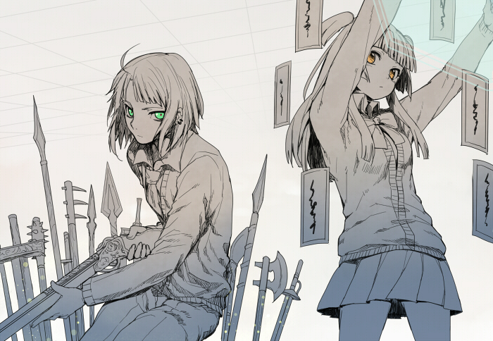 1boy, 1girl, arms_up, axe, bangs, barrier, blunt_bangs, brown_eyes