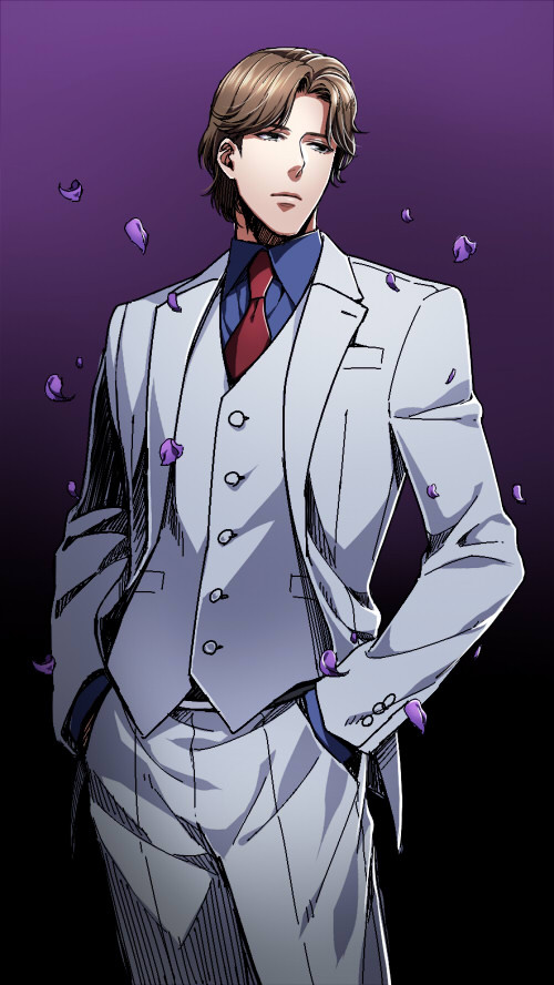 1boy, brown_hair, formal, glass_no_kamen, hands_in_pockets, hayami_masumi, kuren, petals