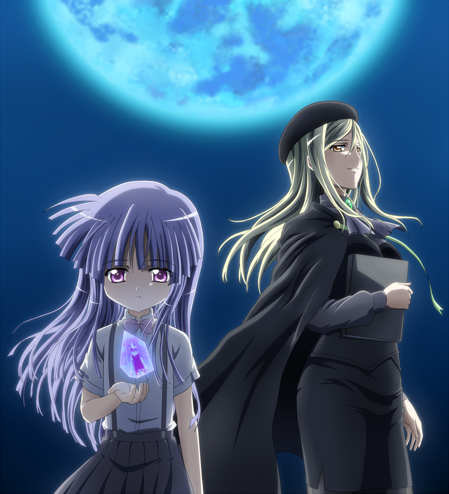 2girls, ascot, beret, blonde_hair, blood, blue_hair, book, bowtie