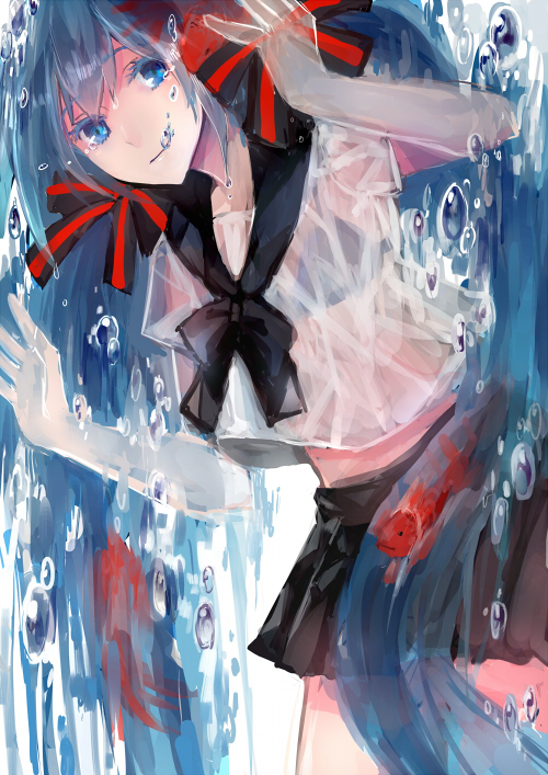 1girl, blue_eyes, blue_hair, bottle_miku, bra, bubble, fish, hair_ribbon