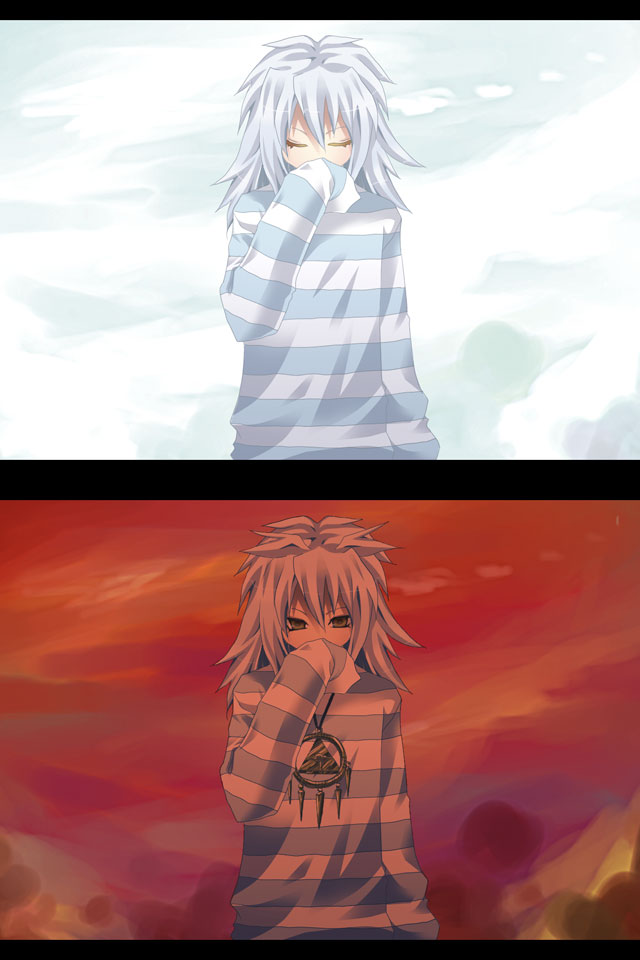 bakura_ryou, closed_eyes, dual_persona, jewelry, long_hair, male, necklace, sleeves_past_wrists