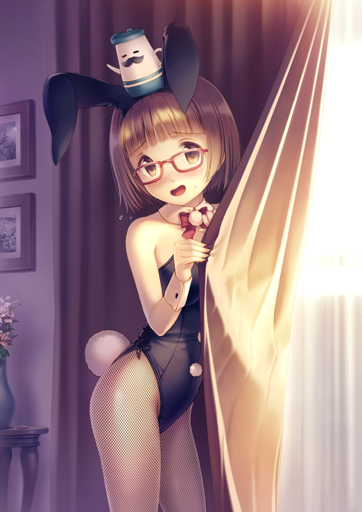 1girl, animal_ears, bowtie, brown_eyes, brown_hair, bunny_tail, bunnysuit, curtains