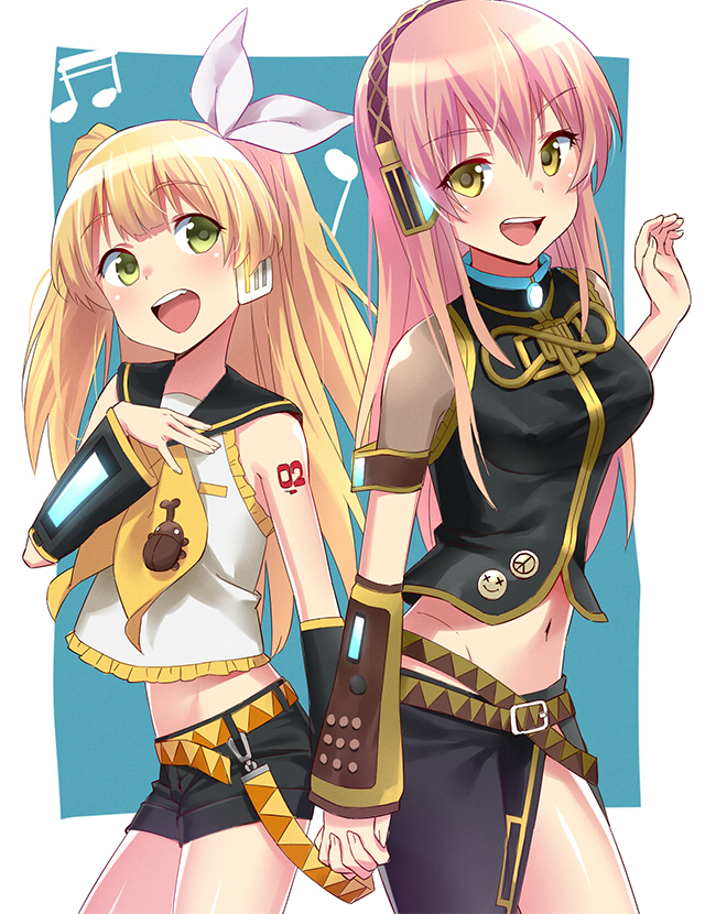 2girls, :d, blonde_hair, cosplay, detached_sleeves, fang, green_eyes, hair_ribbon
