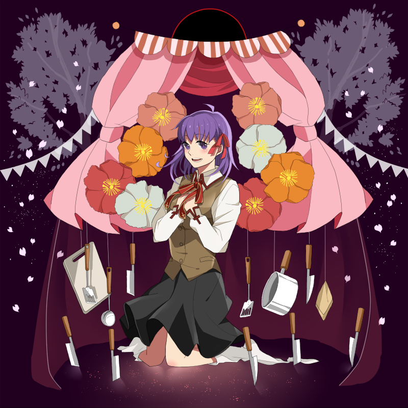 1girl, curtains, cutting_board, fate/stay_night, fate_(series), flower, hair_ribbon, knife, long_hair, matou_sakura, mitarashi_fate, pots, purple_hair, ribbon, school_uniform, sitting, solo, violet_eyes, wariza