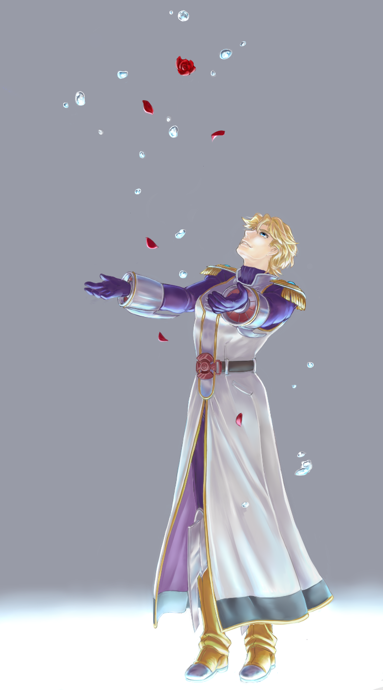 1boy, blonde_hair, blue_eyes, boots, epaulettes, flower, keith_goodman, outstretched_arms
