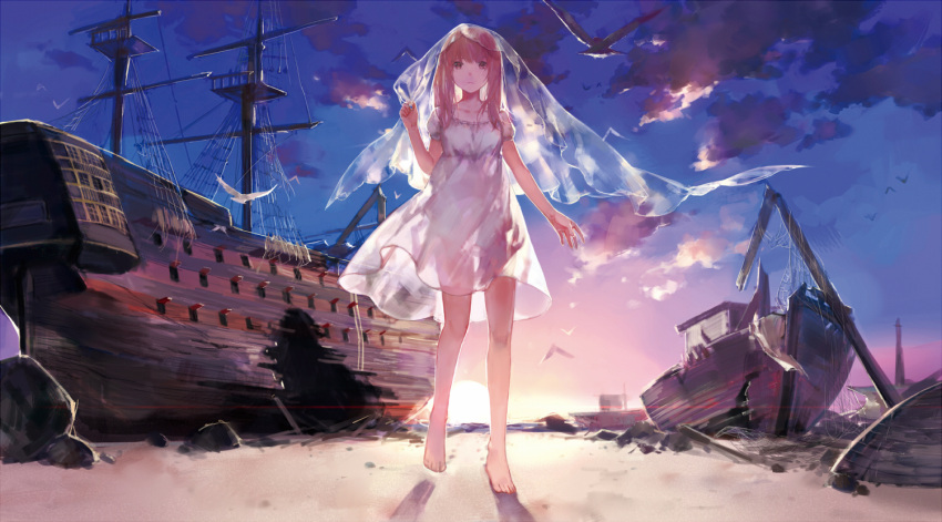 1girl, barefoot, beach, bird, blonde_hair, brown_eyes, cotta, dress
