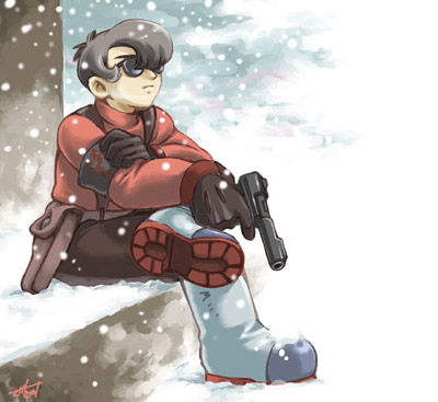 1boy, black_hair, boots, crossed_legs, gloves, gun, holster, lowres