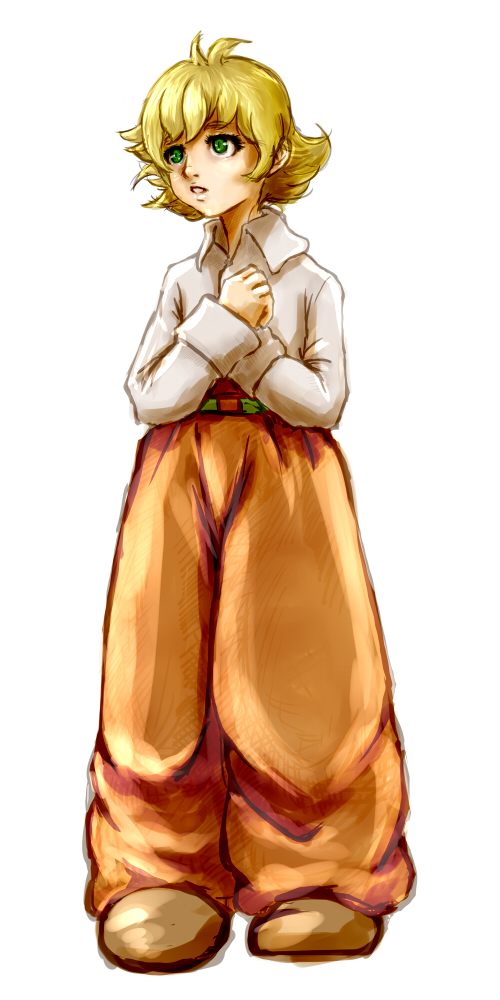 1girl, android, blonde_hair, full_body, green_eyes, hands_on_own_chest, metropolis, pants