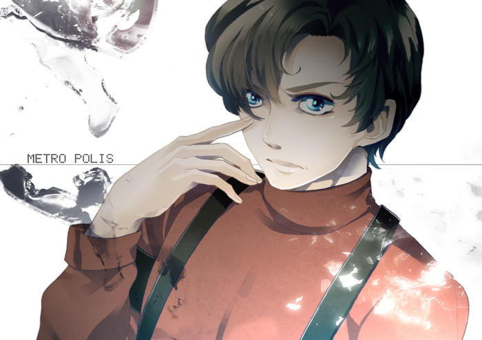 1boy, black_hair, blue_eyes, metropolis, rock_(metropolis), short_hair, solo, sushiko15