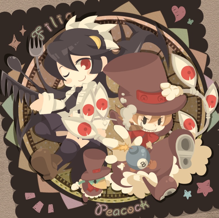 1girl, black_hair, black_legwear, blush_stickers, bomb, breasts, brown_hair, chibi, cigar, english, eyes, filia_(skullgirls), fork, mechanical_arms, necktie, peacock_(skullgirls), red_eyes, samson_(skullgirls), sharp_teeth, skirt, skullgirls, smile, smoke, spook, thigh-highs, ticktack_chicken, yellow_eyes