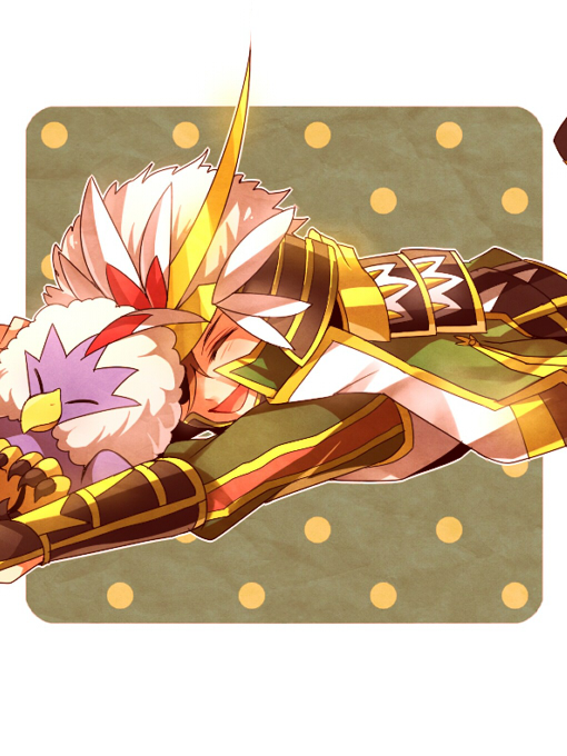 1boy, armor, character_request, closed_eyes, feathers, lying, mojya, nobunaga_no_yabou