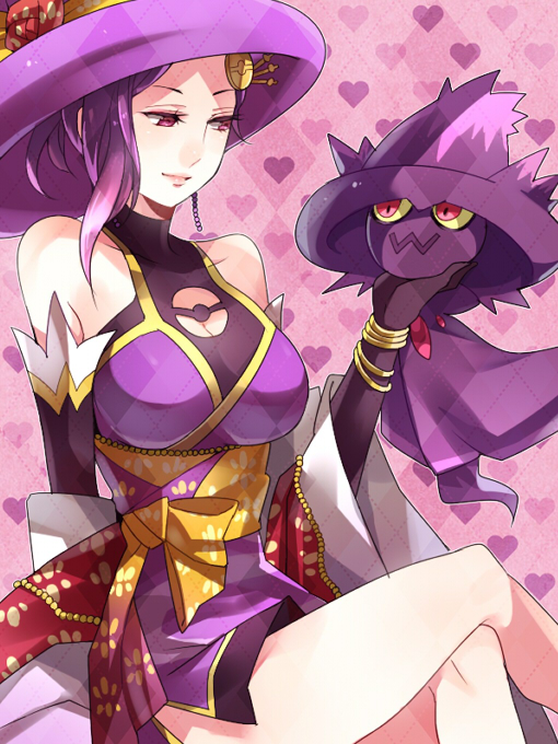 1girl, breasts, character_request, cleavage, ghost_tail, hair_ornament, hat, heart, mismagius, mojya, nobunaga_no_yabou, pokemon, pokemon_+_nobunaga_no_yabou, purple_hair, red_eyes, sitting